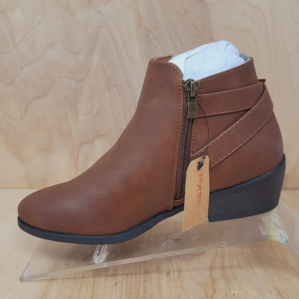 VEPOSE Women's Ankle Boots Size 7 M Low Heels Side Zip Booties Cognac